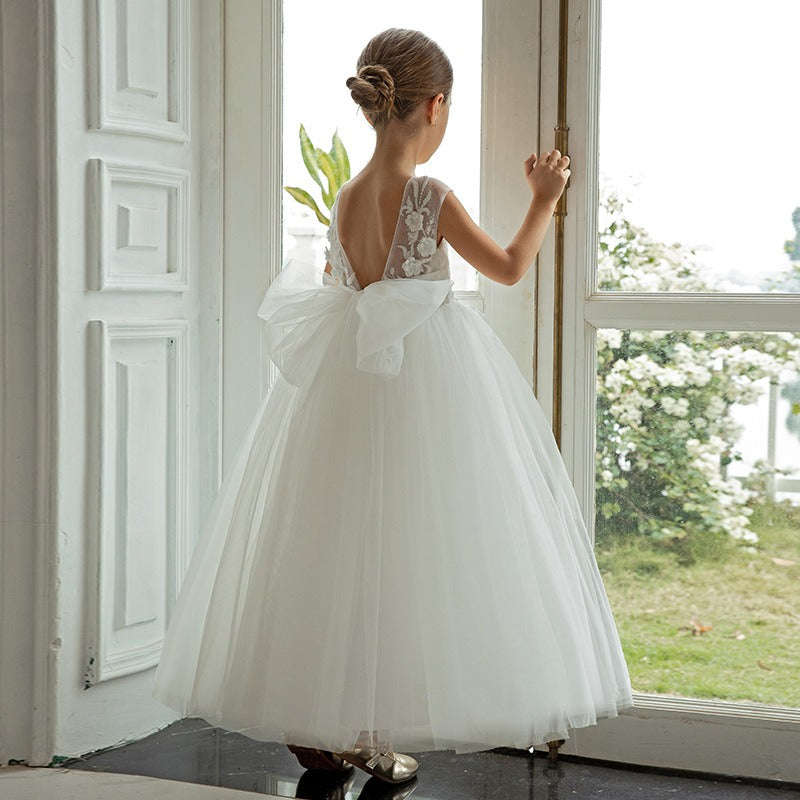 Flower Girls A-line Lace Top Princess Gown for Wedding Kids Guest with Bow Dress