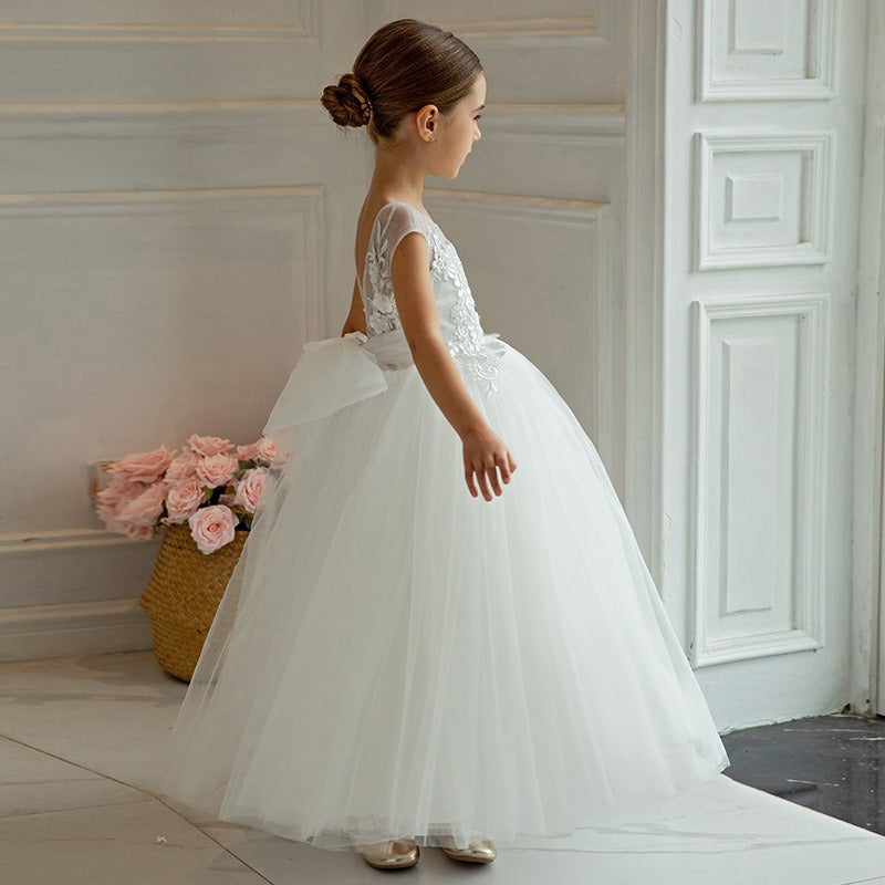 Flower Girls A-line Lace Top Princess Gown for Wedding Kids Guest with Bow Dress