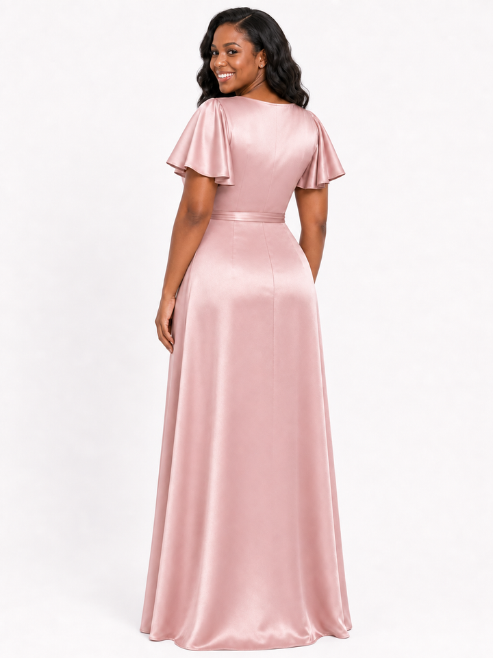 ChicSew Elegant Flutter Sleeves Soft Satin A-Line Floor-Length Bridesmaid Dresses With Belt