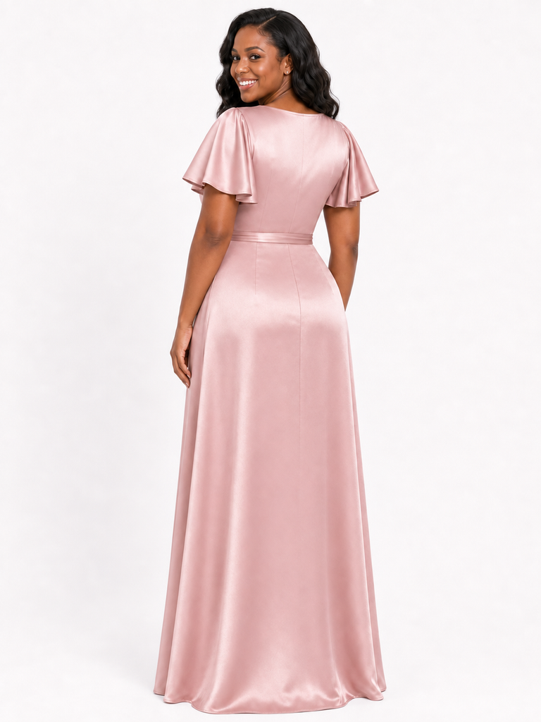 ChicSew Elegant Flutter Sleeves Soft Satin A-Line Floor-Length Bridesmaid Dresses With Belt
