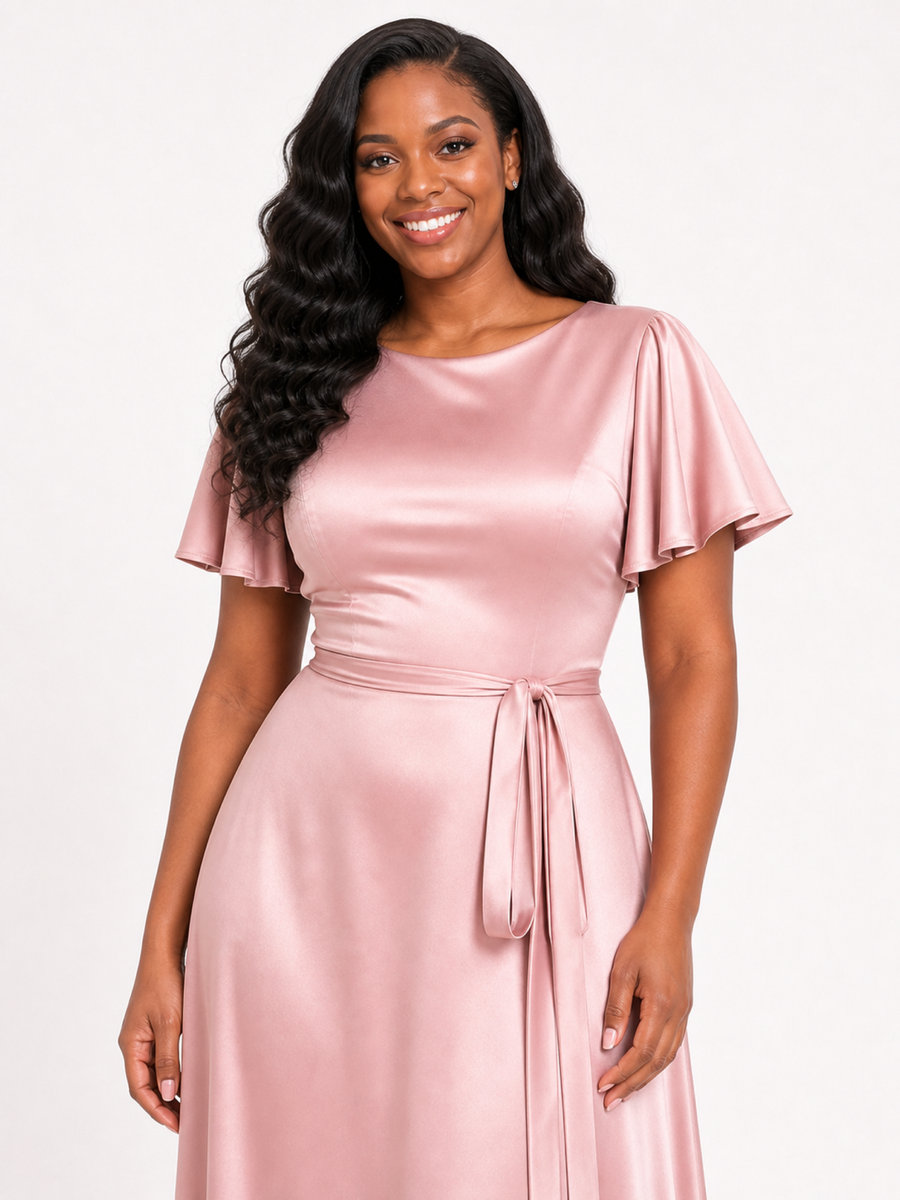ChicSew Elegant Flutter Sleeves Soft Satin A-Line Floor-Length Bridesmaid Dresses With Belt