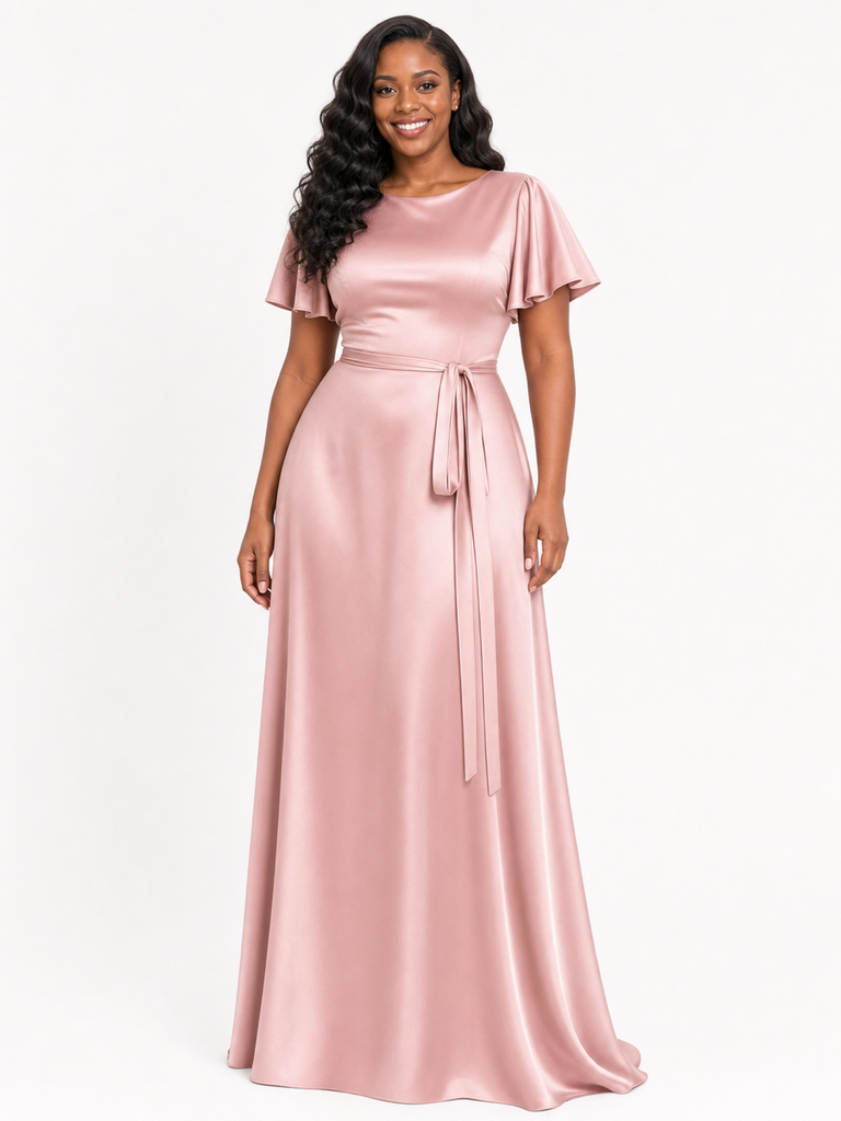 ChicSew Elegant Flutter Sleeves Soft Satin A-Line Floor-Length Bridesmaid Dresses With Belt