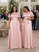 ChicSew Elegant Flutter Sleeves Soft Satin A-Line Floor-Length Bridesmaid Dresses With Belt