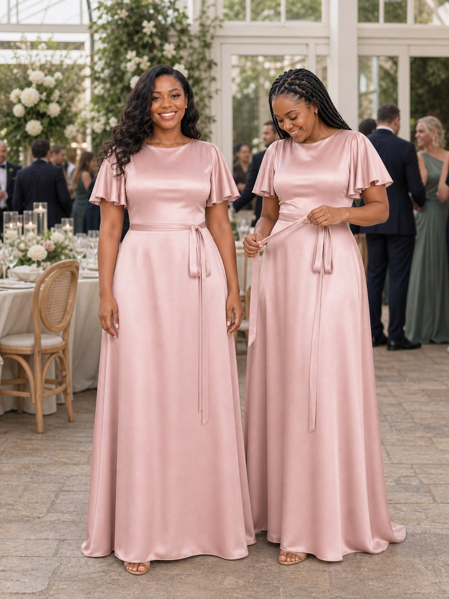 ChicSew Elegant Flutter Sleeves Soft Satin A-Line Floor-Length Bridesmaid Dresses With Belt