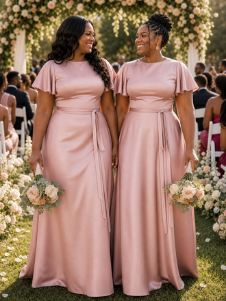 ChicSew Elegant Flutter Sleeves Soft Satin A-Line Floor-Length Bridesmaid Dresses With Belt