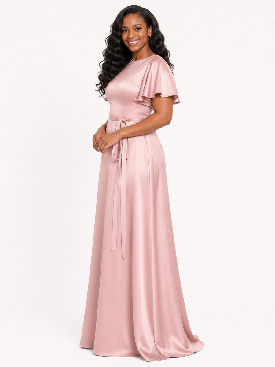 ChicSew Elegant Flutter Sleeves Soft Satin A-Line Floor-Length Bridesmaid Dresses With Belt