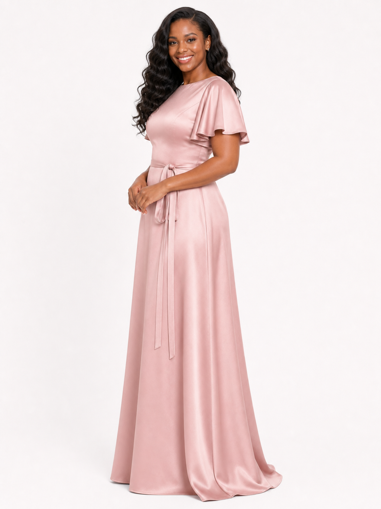 ChicSew Elegant Flutter Sleeves Soft Satin A-Line Floor-Length Bridesmaid Dresses With Belt