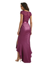 Elegant Short Sleeves Silky Satin Side Slit High-Low Long Formal Evening Dresses For Women