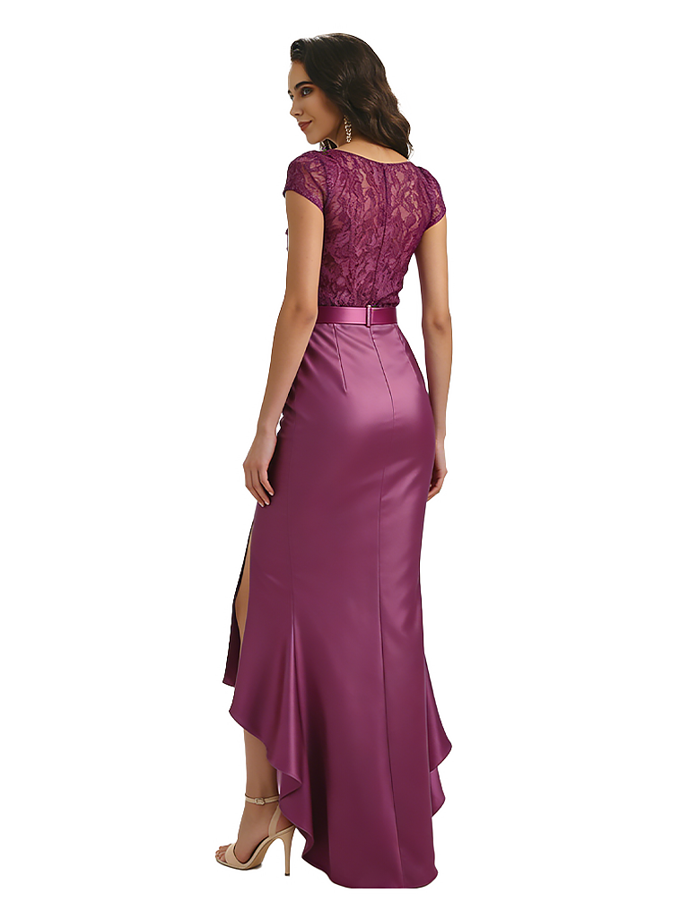 Elegant Short Sleeves Silky Satin Side Slit High-Low Long Formal Evening Dresses For Women
