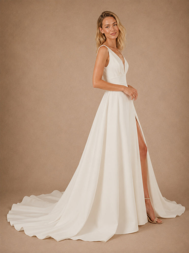 ChicSew Sexy Spaghetti Straps V-Neck A-Line Crepe Side Slit Maxi Wedding Dress