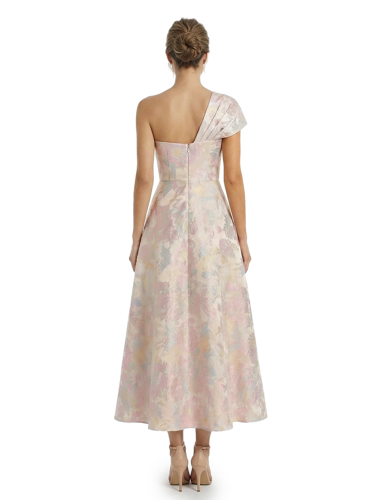 ChicSew Fancy Jacquard Satin One Shoulder A-Line Midi Formal Evening Dresses