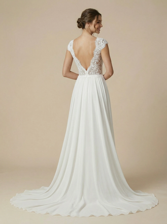 A-Line Cap Sleeves V-Neck Lace Chiffon Maxi Long Wedding Dresses