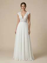 A-Line Cap Sleeves V-Neck Lace Chiffon Maxi Long Wedding Dresses