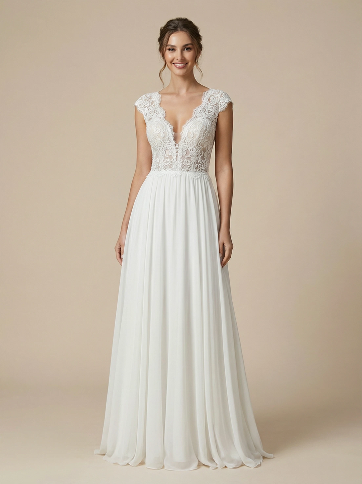 A-Line Cap Sleeves V-Neck Lace Chiffon Maxi Long Wedding Dresses
