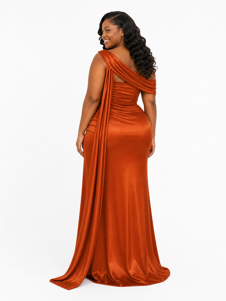ChicSew Unique Asymmetric Neckline Side Slit Mermaid Soft Satin Long Bridesmaid Dresses With Ruching