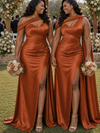 ChicSew Unique Asymmetric Neckline Side Slit Mermaid Soft Satin Long Bridesmaid Dresses With Ruching