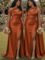 ChicSew Unique Asymmetric Neckline Side Slit Mermaid Soft Satin Long Bridesmaid Dresses With Ruching