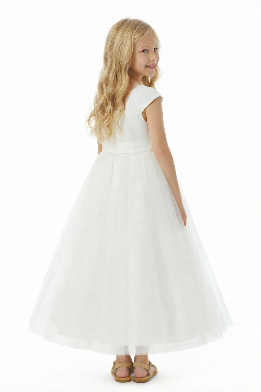 Flower Girl Dress with V Neck Sleeveless A Line Tulle Skirt Bow Detail Elegant Wedding Gown