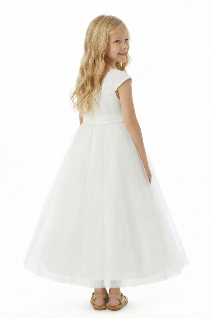 Flower Girl Dress with V Neck Sleeveless A Line Tulle Skirt Bow Detail Elegant Wedding Gown