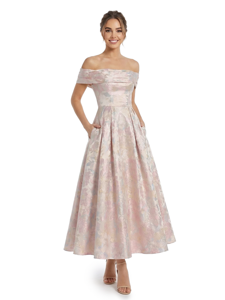 ChicSew Elegant Jacquard Satin Off Shoulder A-Line Ankle-Length Formal Evening Dresses