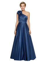 Elegant One Shoulder Satin A-Line Mother Of The Bride Gown With Unique Floral Applique