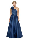 Elegant One Shoulder Satin A-Line Mother Of The Bride Gown With Unique Floral Applique