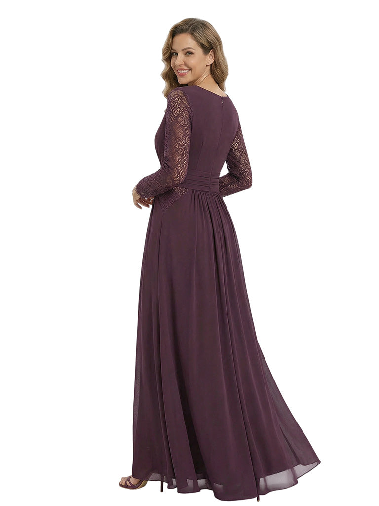 Unique V-neck Long Sleeves Chiffon A-Line Mother Of The Bride Dress With Illusion Lace Cutouts