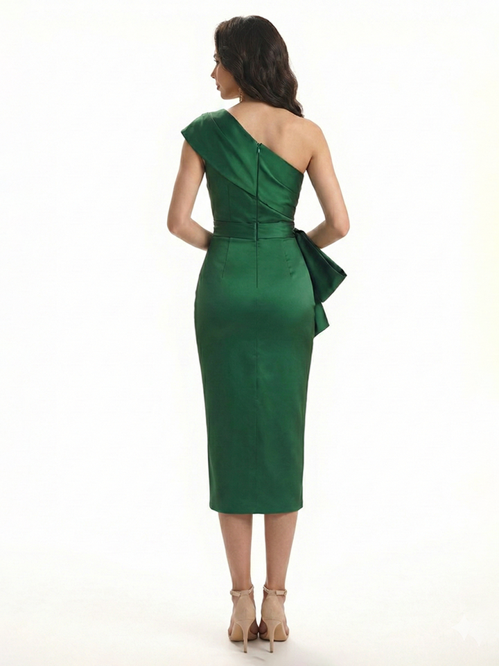 Sexy One Shoulder Silky Satin Sheath Knee-Length Formal Evening Gowns For Women