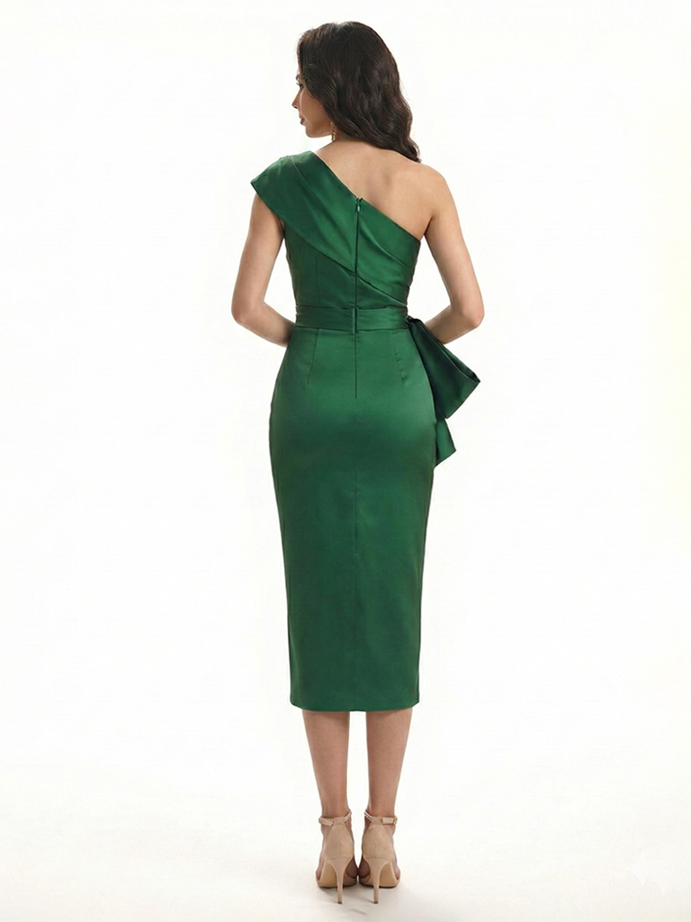 Sexy One Shoulder Silky Satin Sheath Knee-Length Formal Evening Gowns For Women