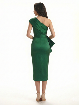 Sexy One Shoulder Silky Satin Sheath Knee-Length Formal Evening Gowns For Women