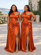 ChicSew Elegant One Shoulder Halter Mermaid Side Slit Soft Satin Long Bridesmaid Dresses With Ruffle