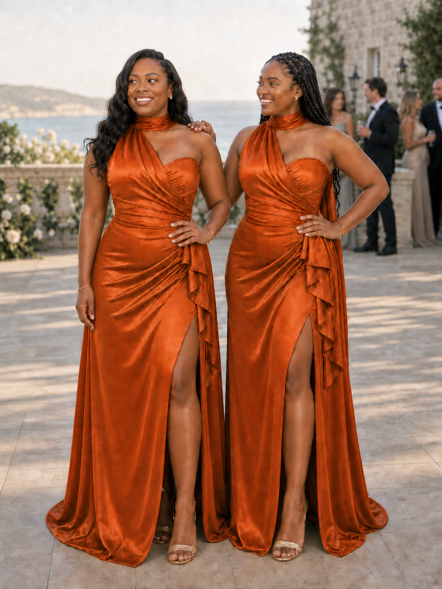 ChicSew Elegant One Shoulder Halter Mermaid Side Slit Soft Satin Long Bridesmaid Dresses With Ruffle