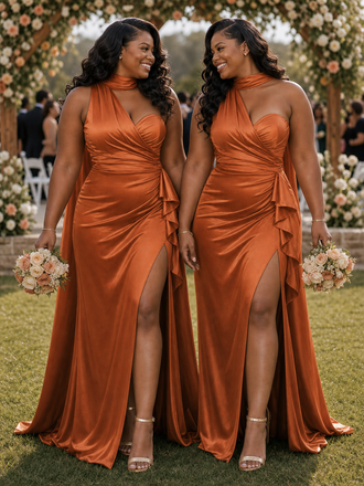 ChicSew Elegant One Shoulder Halter Mermaid Side Slit Soft Satin Long Bridesmaid Dresses With Ruffle