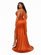 ChicSew Elegant One Shoulder Halter Mermaid Side Slit Soft Satin Long Bridesmaid Dresses With Ruffle