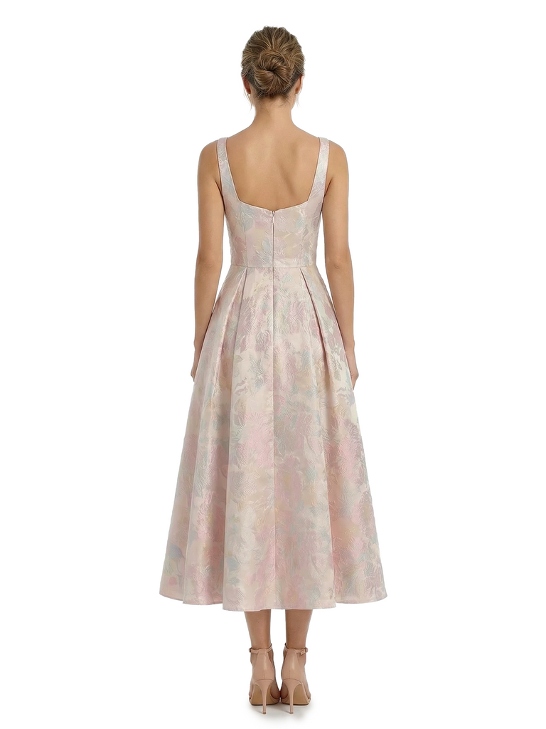 ChicSew Elegant Jacquard Satin Square Neck A-Line Midi Formal Evening Dresses For Women