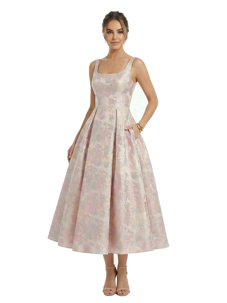 ChicSew Elegant Jacquard Satin Square Neck A-Line Midi Formal Evening Dresses For Women