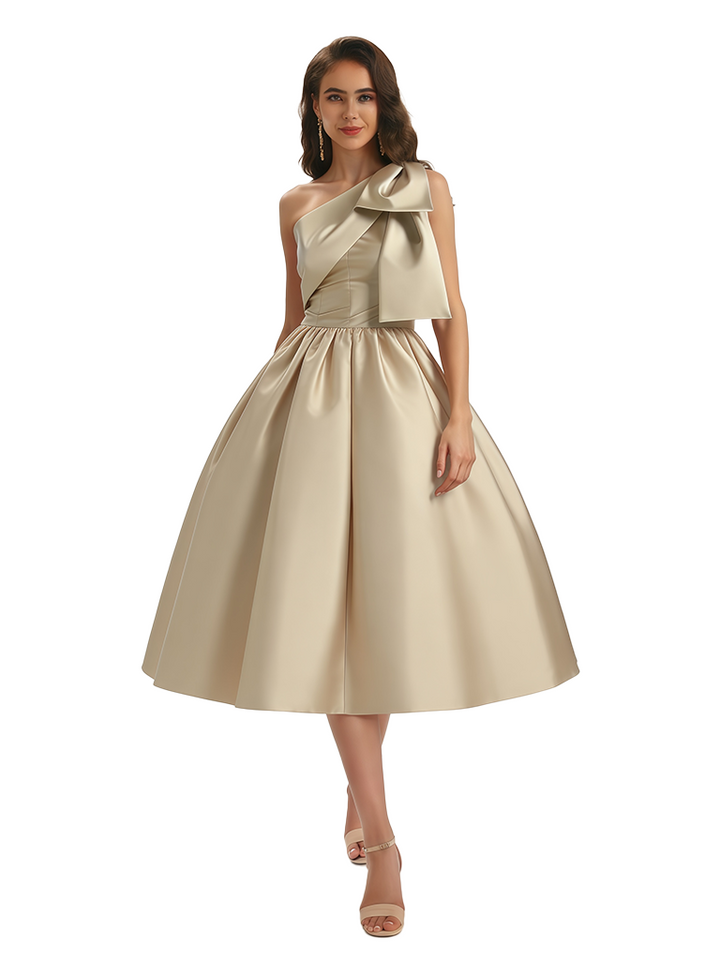 Sexy One Shoulder Silky Satin Bow A-Line Midi Formal Evening Gowns For Ladies