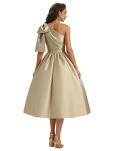 Sexy One Shoulder Silky Satin Bow A-Line Midi Formal Evening Gowns For Ladies