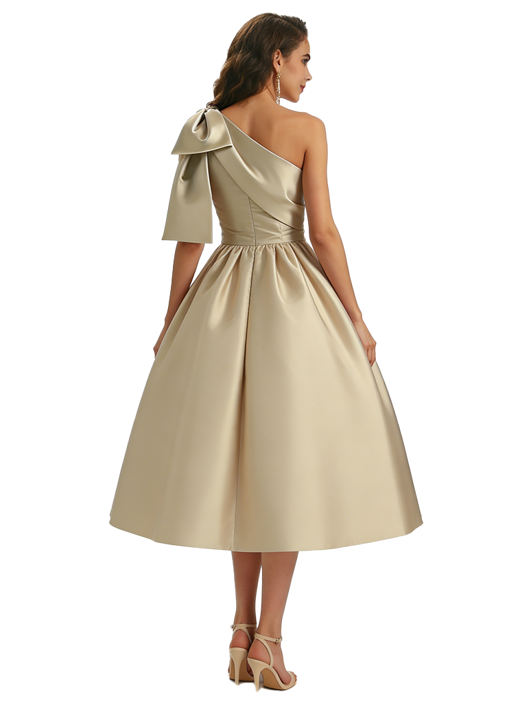 Sexy One Shoulder Silky Satin Bow A-Line Midi Formal Evening Gowns For Ladies