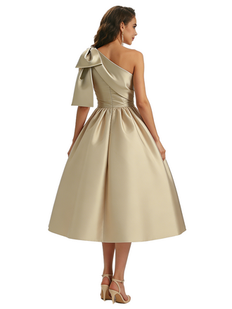 Sexy One Shoulder Silky Satin Bow A-Line Midi Formal Evening Gowns For Ladies