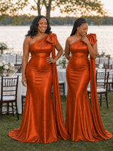 ChicSew Elegant One Shoulder Mermaid Soft Satin Long Bridesmaid Dresses With Bow Knot