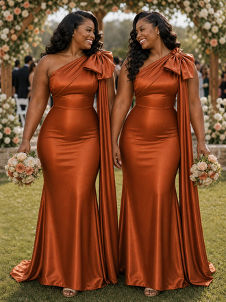 ChicSew Elegant One Shoulder Mermaid Soft Satin Long Bridesmaid Dresses With Bow Knot