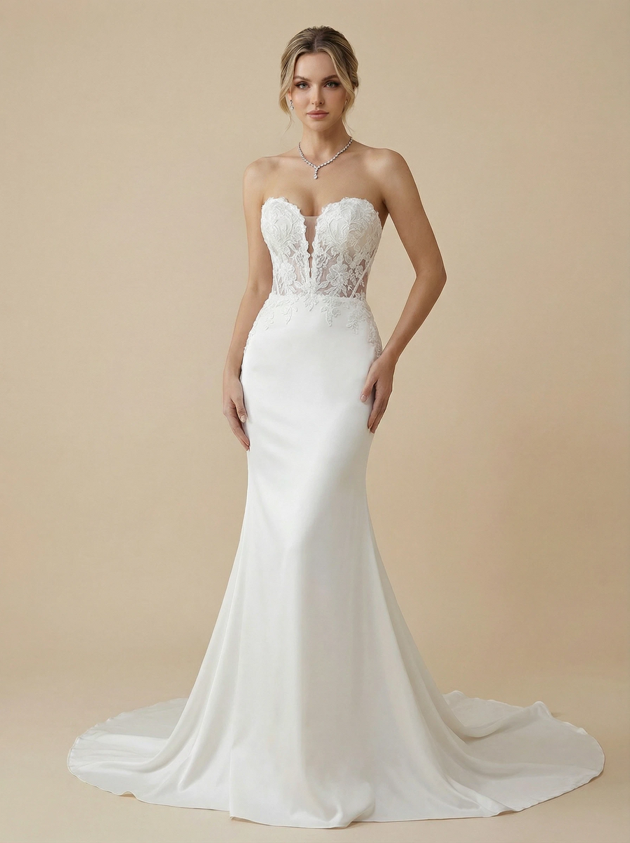 Mermaid Sweetheart Strapless Lace Maxi Long Satin Wedding Dresses Online