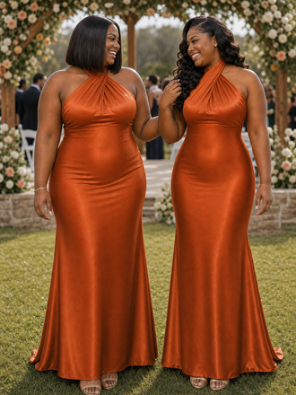 ChicSew Simple Halter Mermaid Soft Satin Long Bridesmaid Dresses