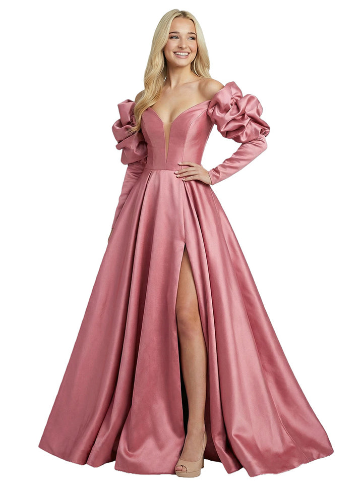 Sweet Satin Long Sleeves V-Neck A-Line Long Party Prom Dresses