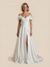 A-Line Off Shoulder Maxi Long Satin Wedding Gowns With Handmade Flower