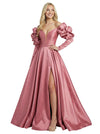 Sweet Satin Long Sleeves V-Neck A-Line Long Party Prom Dresses