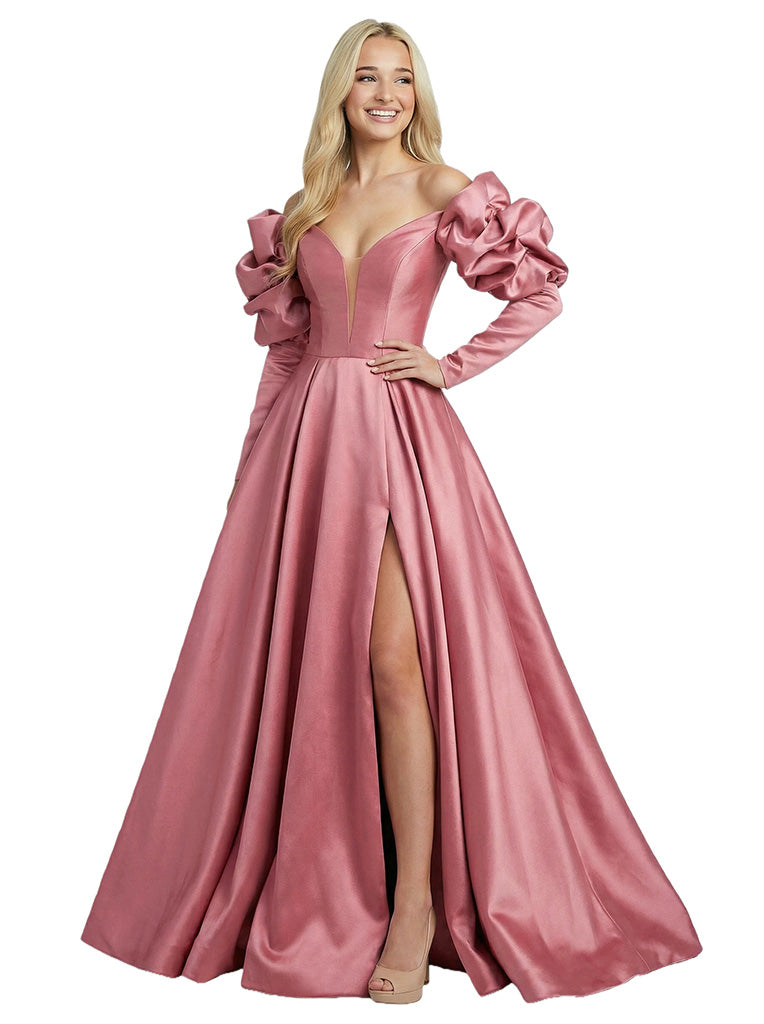 Sweet Satin Long Sleeves V-Neck A-Line Long Party Prom Dresses