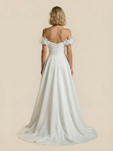 A-Line Off Shoulder Maxi Long Satin Wedding Gowns With Handmade Flower