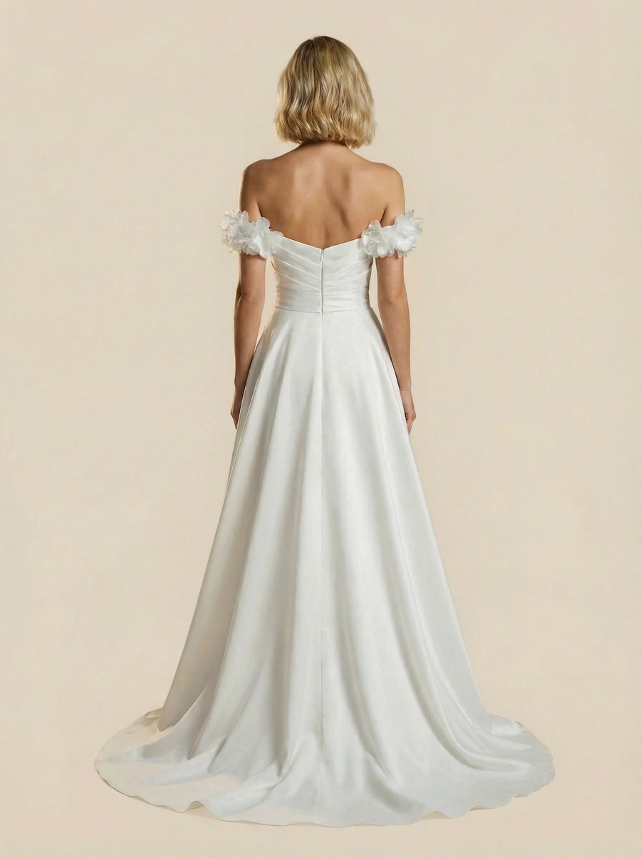 A-Line Off Shoulder Maxi Long Satin Wedding Gowns With Handmade Flower